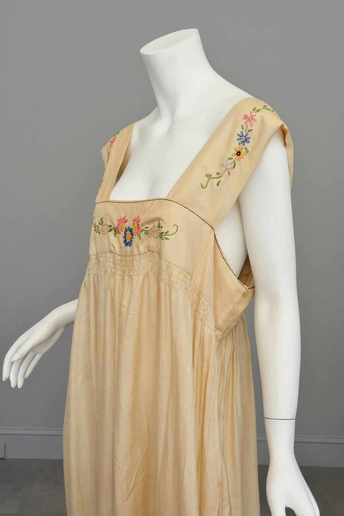 1920s Embroidered Silk Babydoll Maxi Dress Nightgown