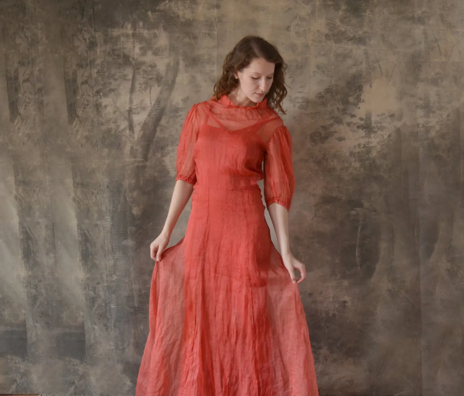 1930s Red Linen Dress size XS