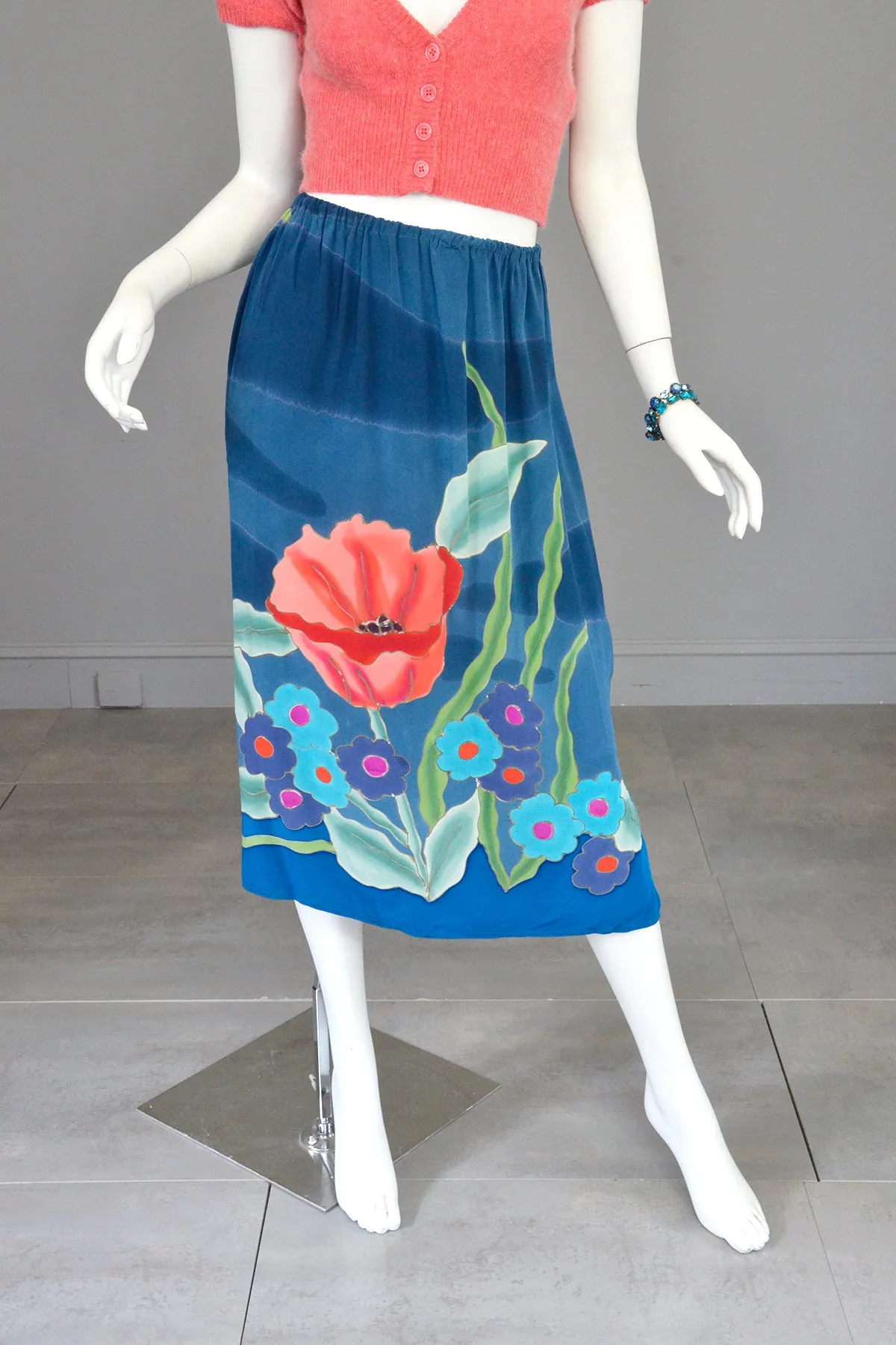 1970s Hand Dyed Painted Poppy Floral Print Silk Skirt