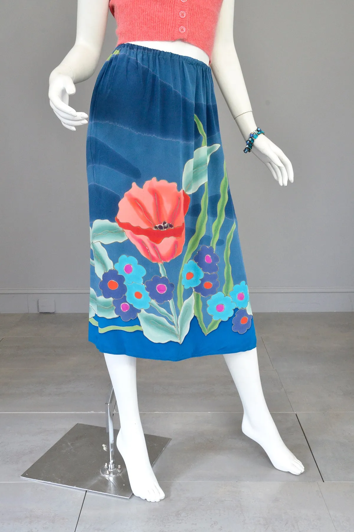 1970s Hand Dyed Painted Poppy Floral Print Silk Skirt