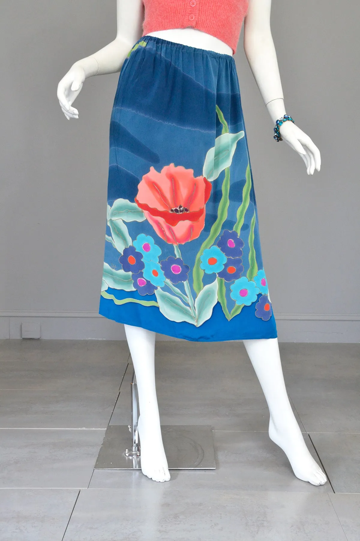 1970s Hand Dyed Painted Poppy Floral Print Silk Skirt