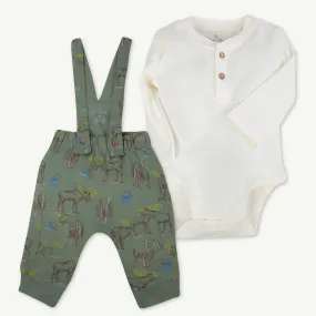 2-Piece Green Moose Print Overall Set