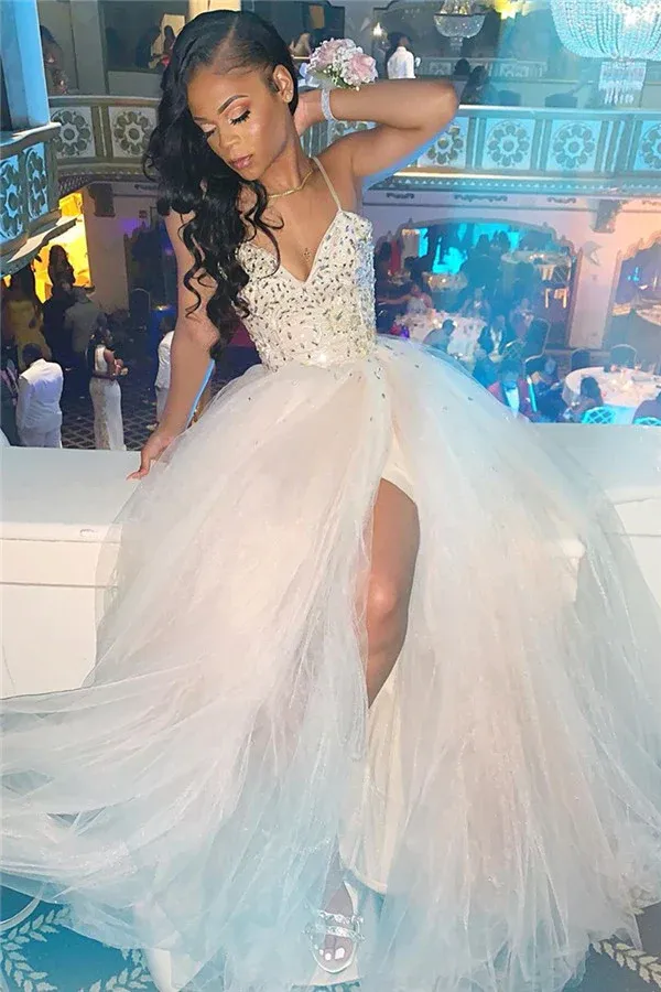 2023 Cheap A Line White Sweetheart Beaded Tulle Side Slit Prom Dresses     fg3133