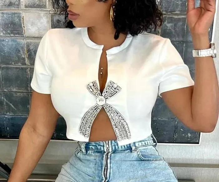 A&A Open Split Rhinestone Crop Top