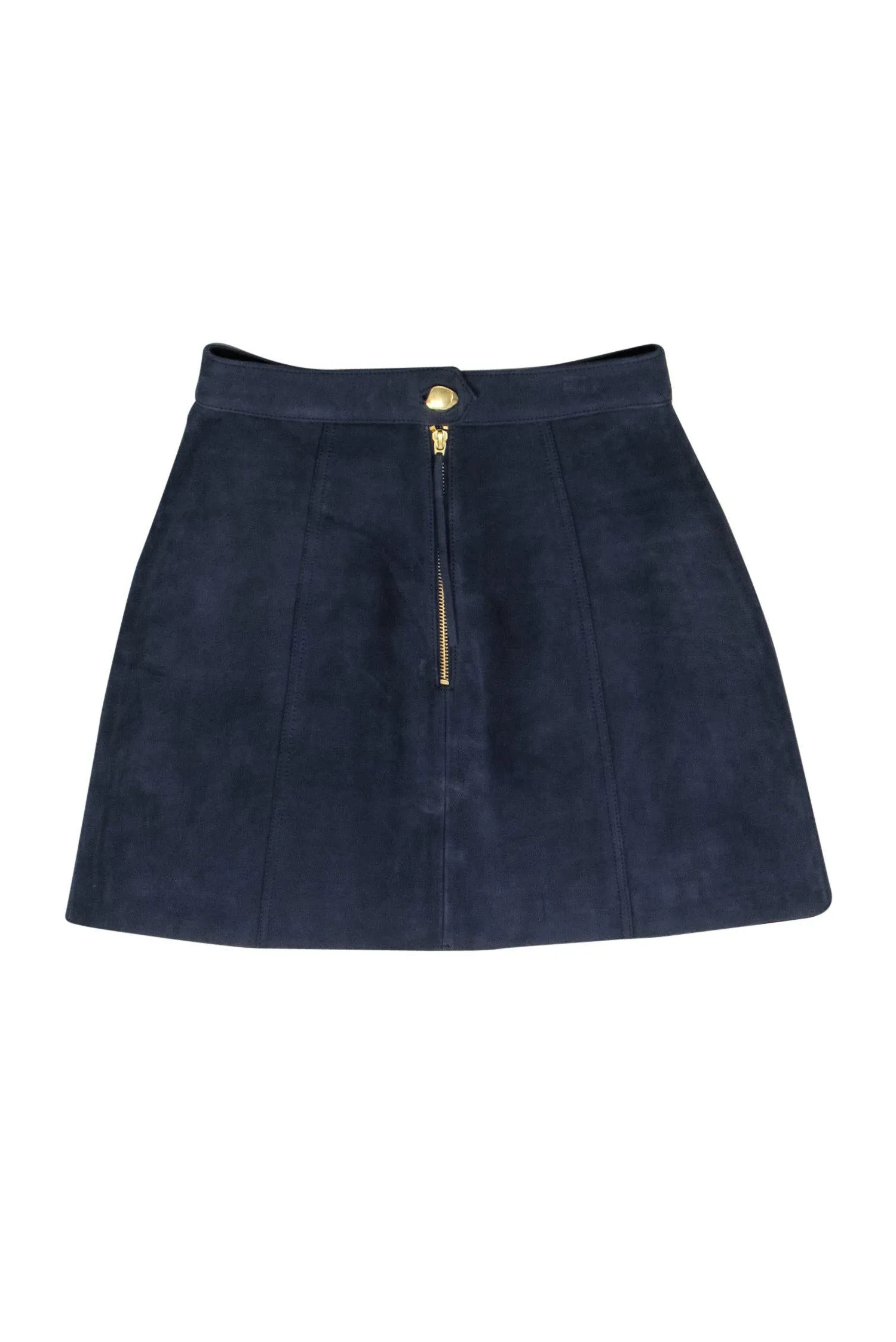 Aje - Navy Suede Miniskirt w/ Gold Buttons Sz 8