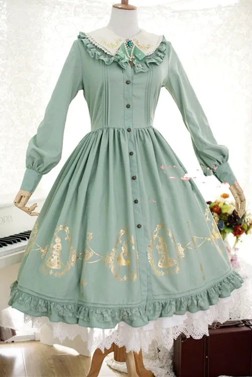 Alice in Wonderland Series Sweet Lolita OP Gold Glided Long Sleeve Shirt Dress