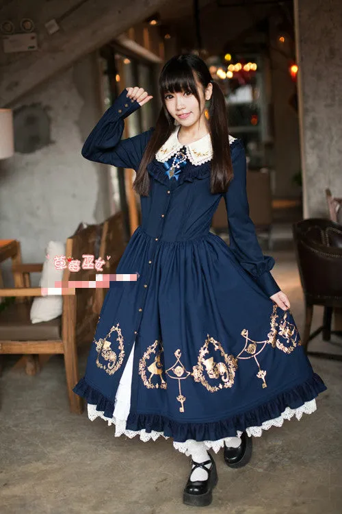 Alice in Wonderland Series Sweet Lolita OP Gold Glided Long Sleeve Shirt Dress