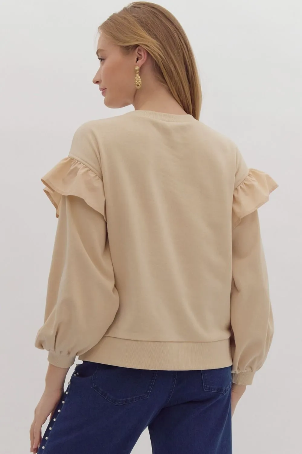 Alice Ruffle Sleeve Sweater With Bow - Sand