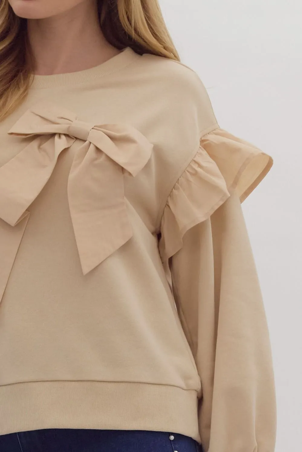 Alice Ruffle Sleeve Sweater With Bow - Sand