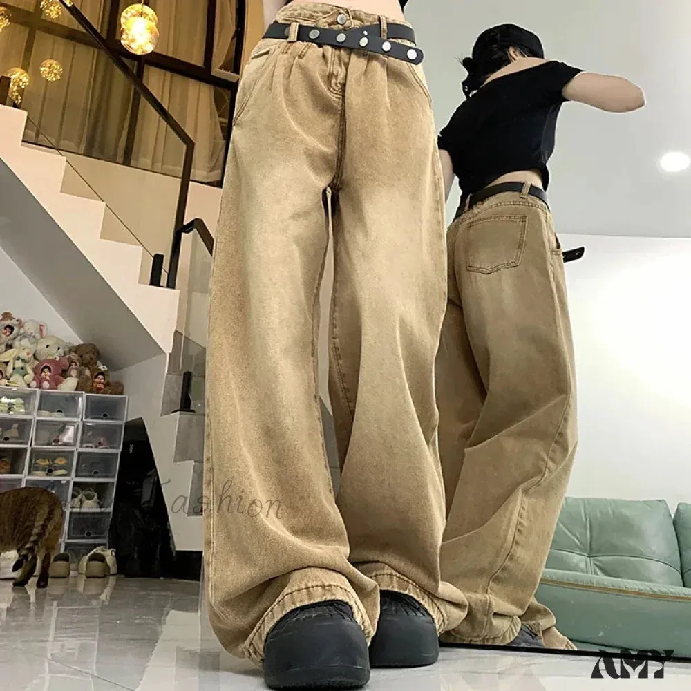 American High Waist 2000s Y2K Vintage Designer Baggy Girls Harajuku Brown Denim Jeans