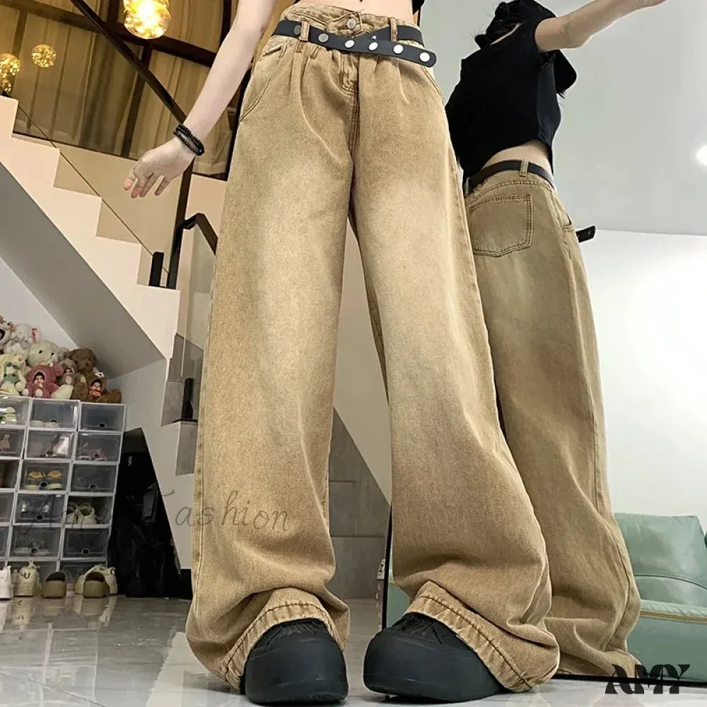 American High Waist 2000s Y2K Vintage Designer Baggy Girls Harajuku Brown Denim Jeans