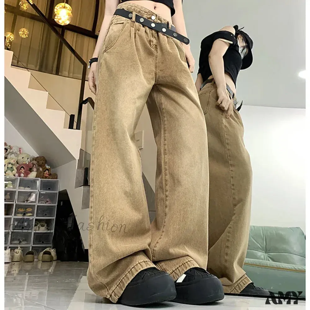 American High Waist 2000s Y2K Vintage Designer Baggy Girls Harajuku Brown Denim Jeans