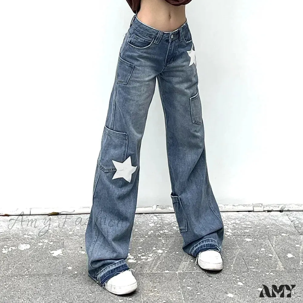 Amy Fashion - Low Rise Flared Retro Star Print Pockets Distressed Burr Y2K Streetwear Denim Jean