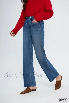 Amy Fashion - Pockets Women Temperament High Waist Straight Denim Pant Females Vintage Simple Streetwear Washed Chic 2024 New Jean