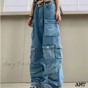 Amy Fashion - Streetwear Loose Oversized Straight-Leg Multi-Pocket Washed Cargo New Heavy Industry Y2K Vintage Jean