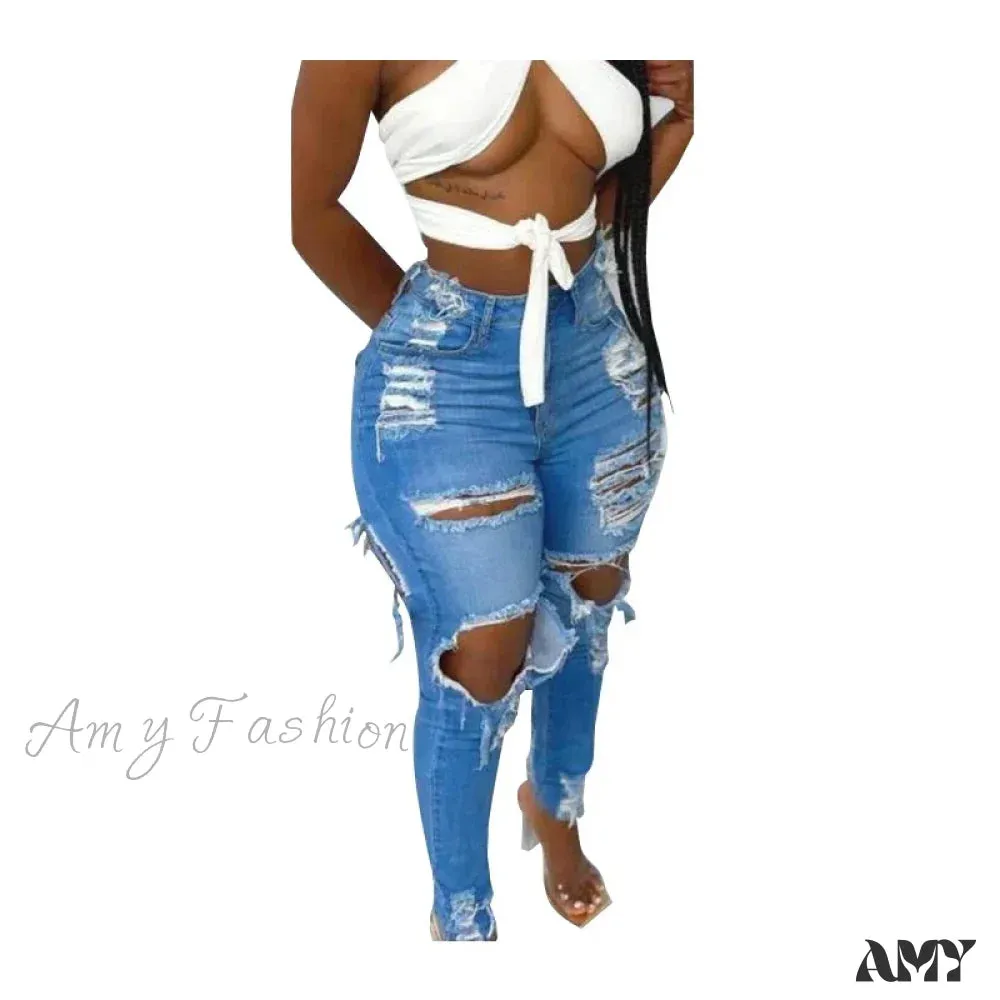 Amy Fashion - Stretchy Ripped High waisted Women Skinny Autumn Winter Female Denim Jean