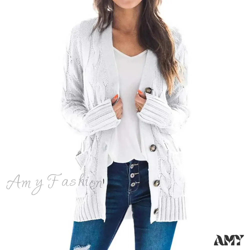 Amy Fashion - Women Knitted Cardigan Pockets Button Sweater Coat