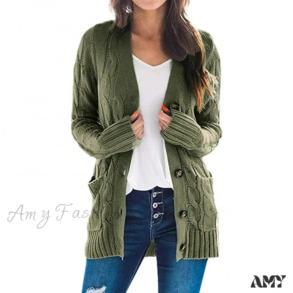 Amy Fashion - Women Knitted Cardigan Pockets Button Sweater Coat