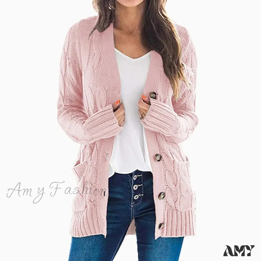 Amy Fashion - Women Knitted Cardigan Pockets Button Sweater Coat