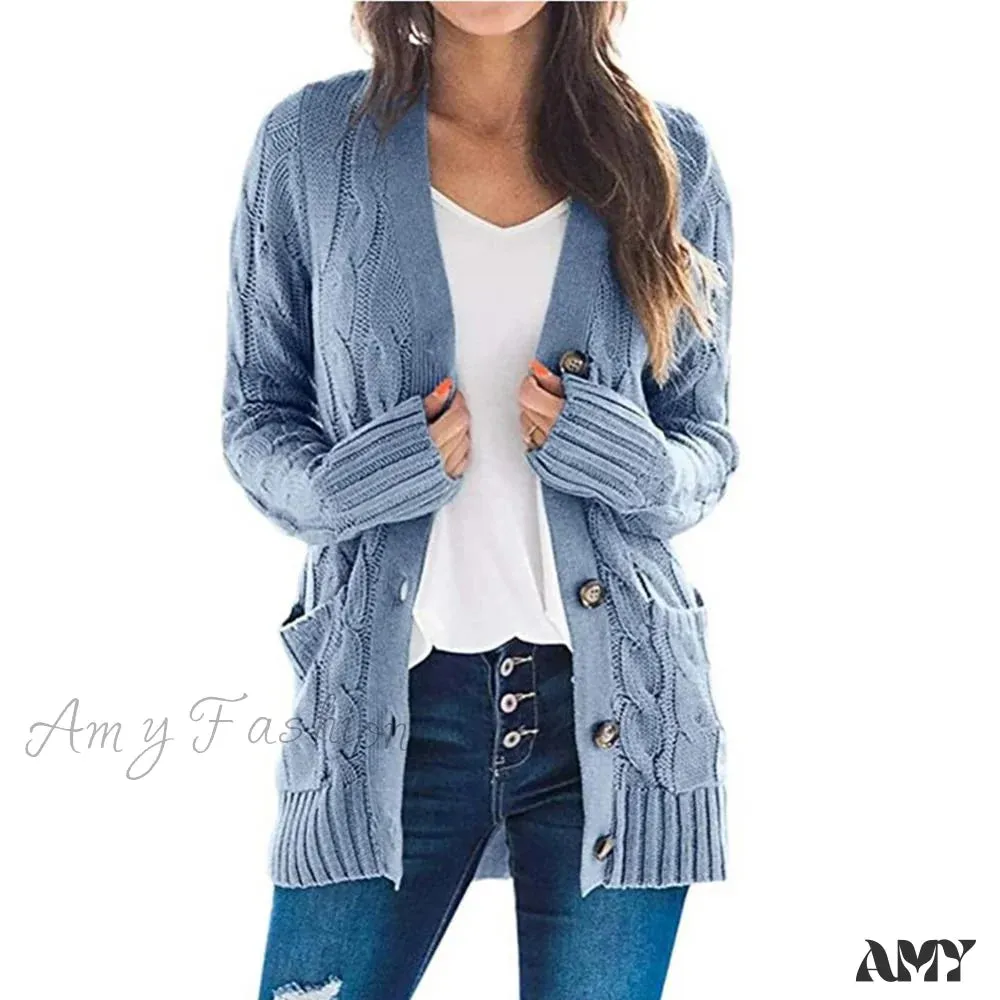 Amy Fashion - Women Knitted Cardigan Pockets Button Sweater Coat