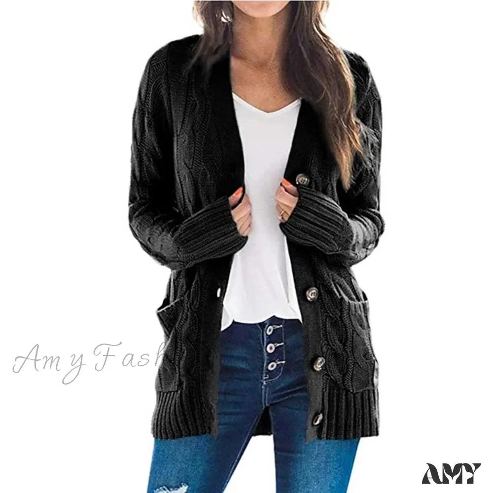 Amy Fashion - Women Knitted Cardigan Pockets Button Sweater Coat