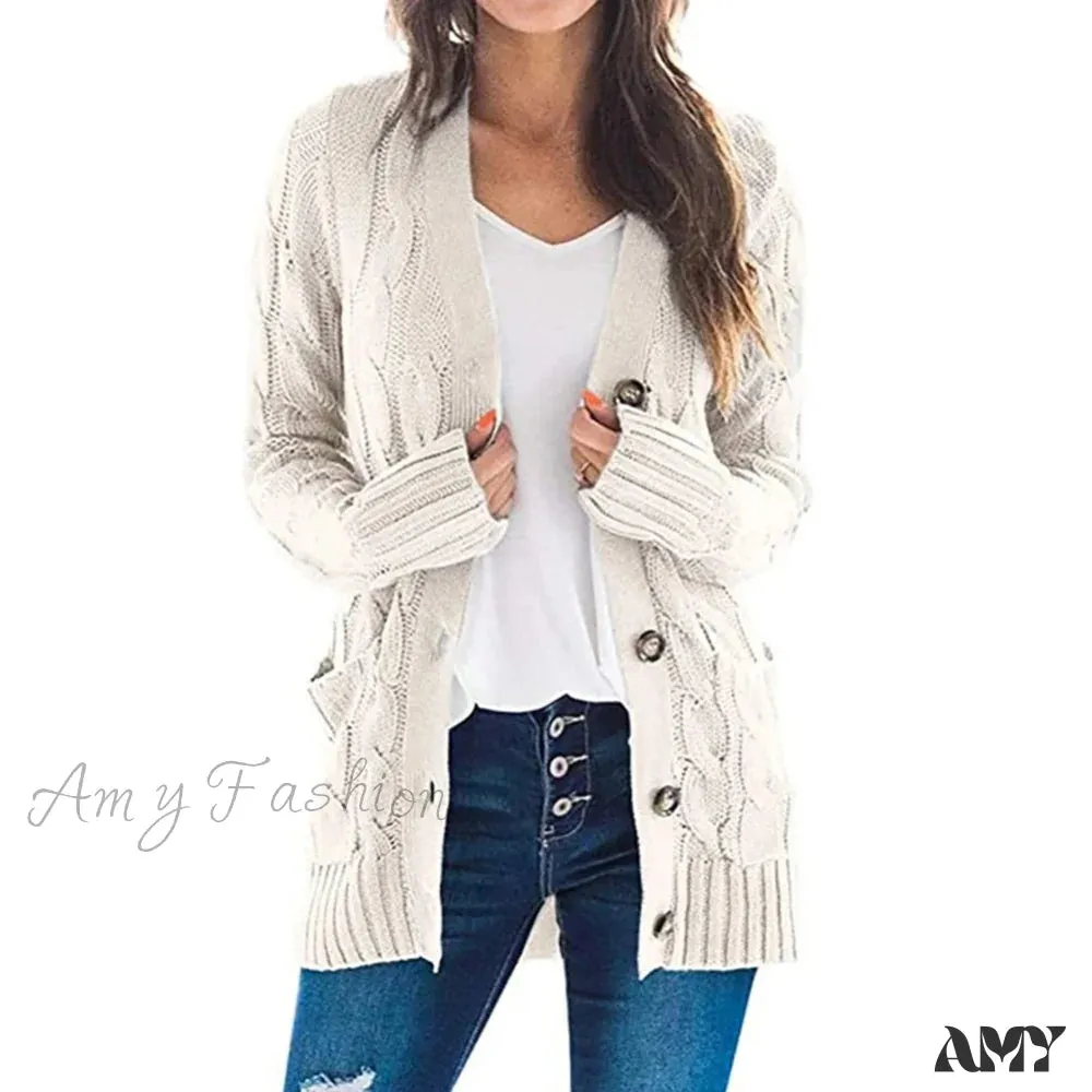 Amy Fashion - Women Knitted Cardigan Pockets Button Sweater Coat