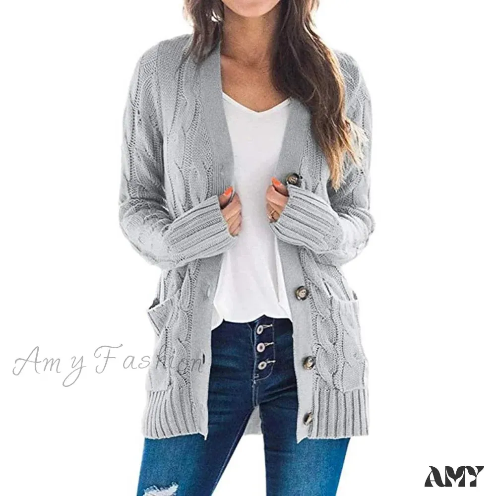 Amy Fashion - Women Knitted Cardigan Pockets Button Sweater Coat