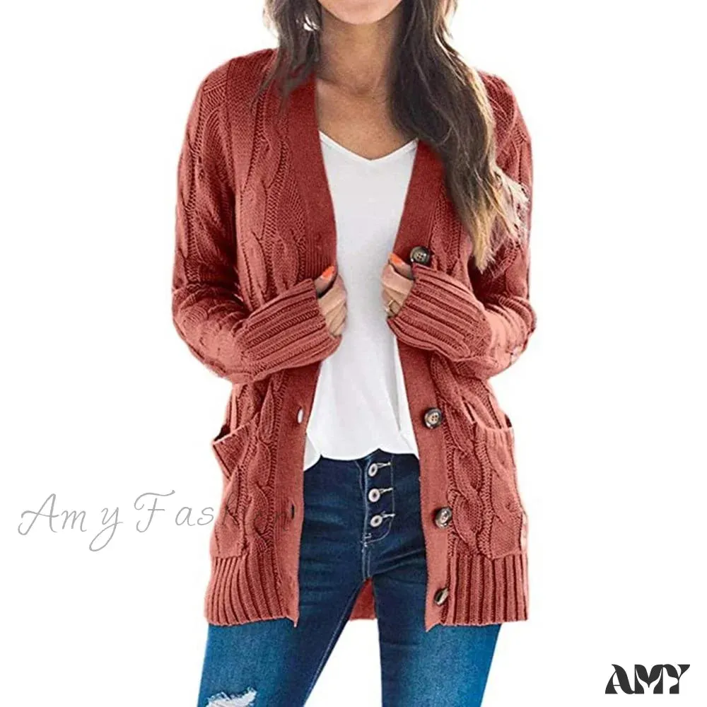 Amy Fashion - Women Knitted Cardigan Pockets Button Sweater Coat