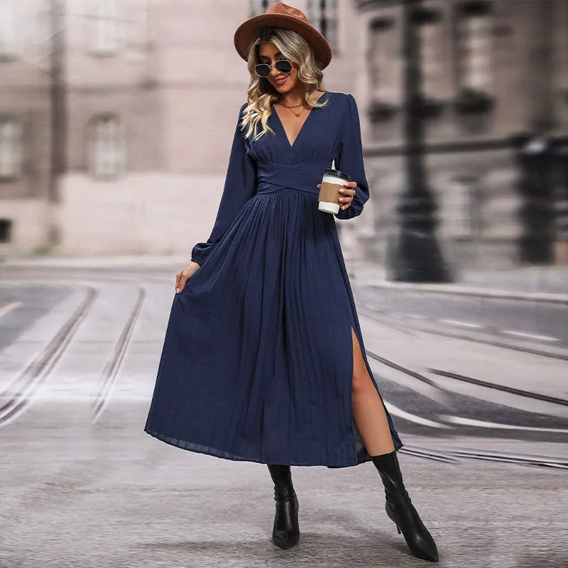 Autumn New Long Sleeve Solid Color Midi Dress