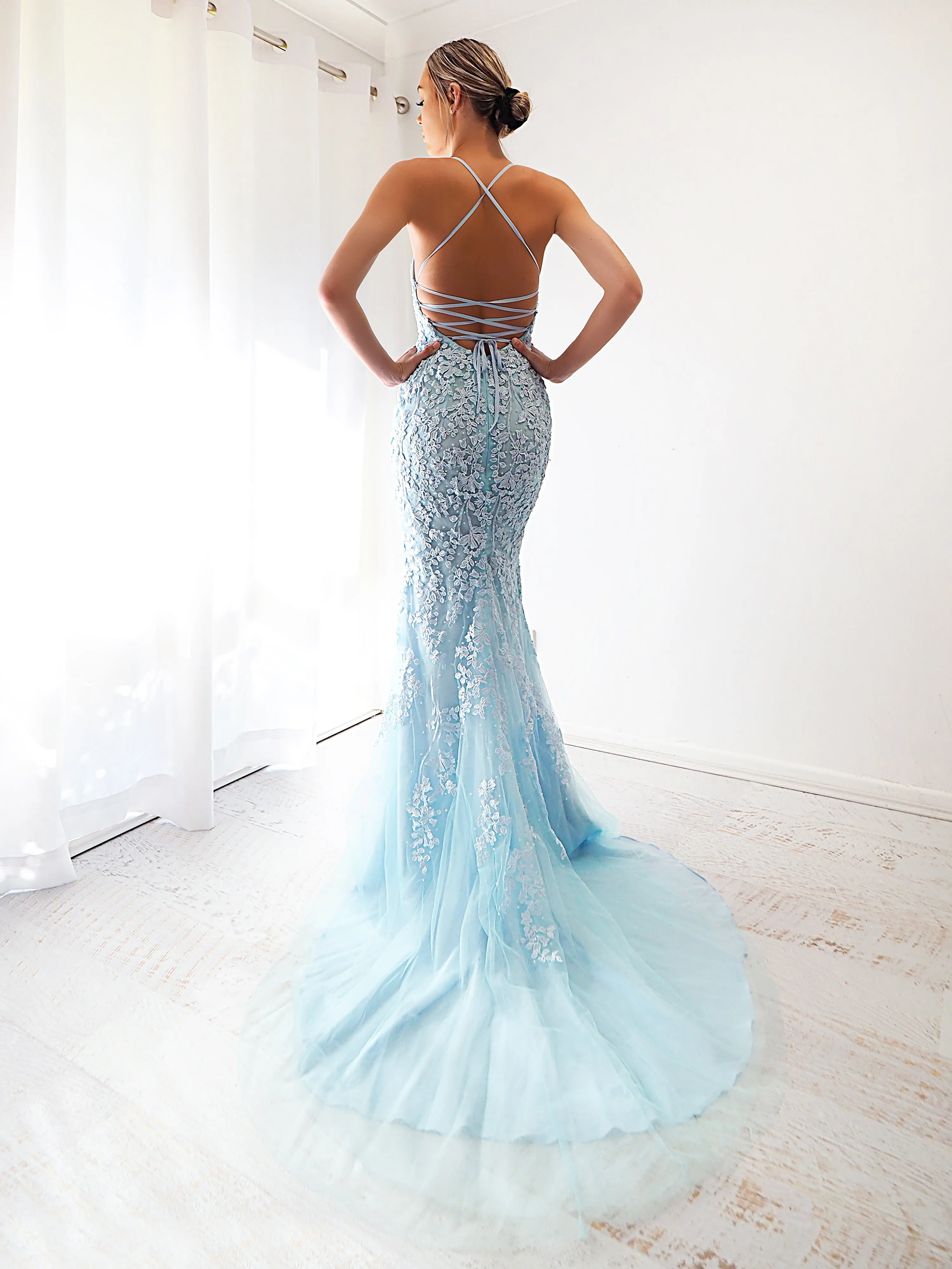 Baby blue tulle mermaid dress with criss-cross back for hire