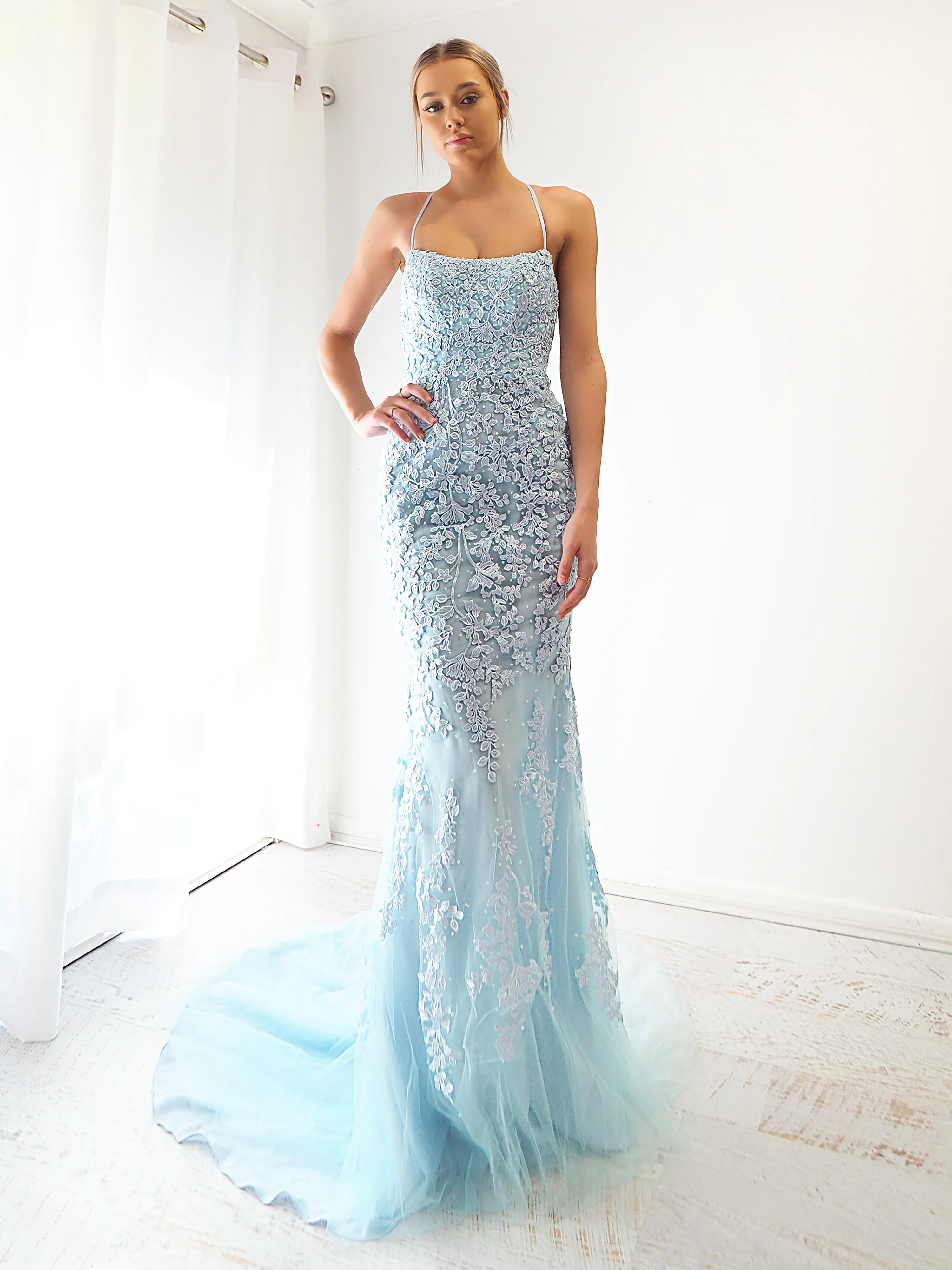 Baby blue tulle mermaid dress with criss-cross back for hire