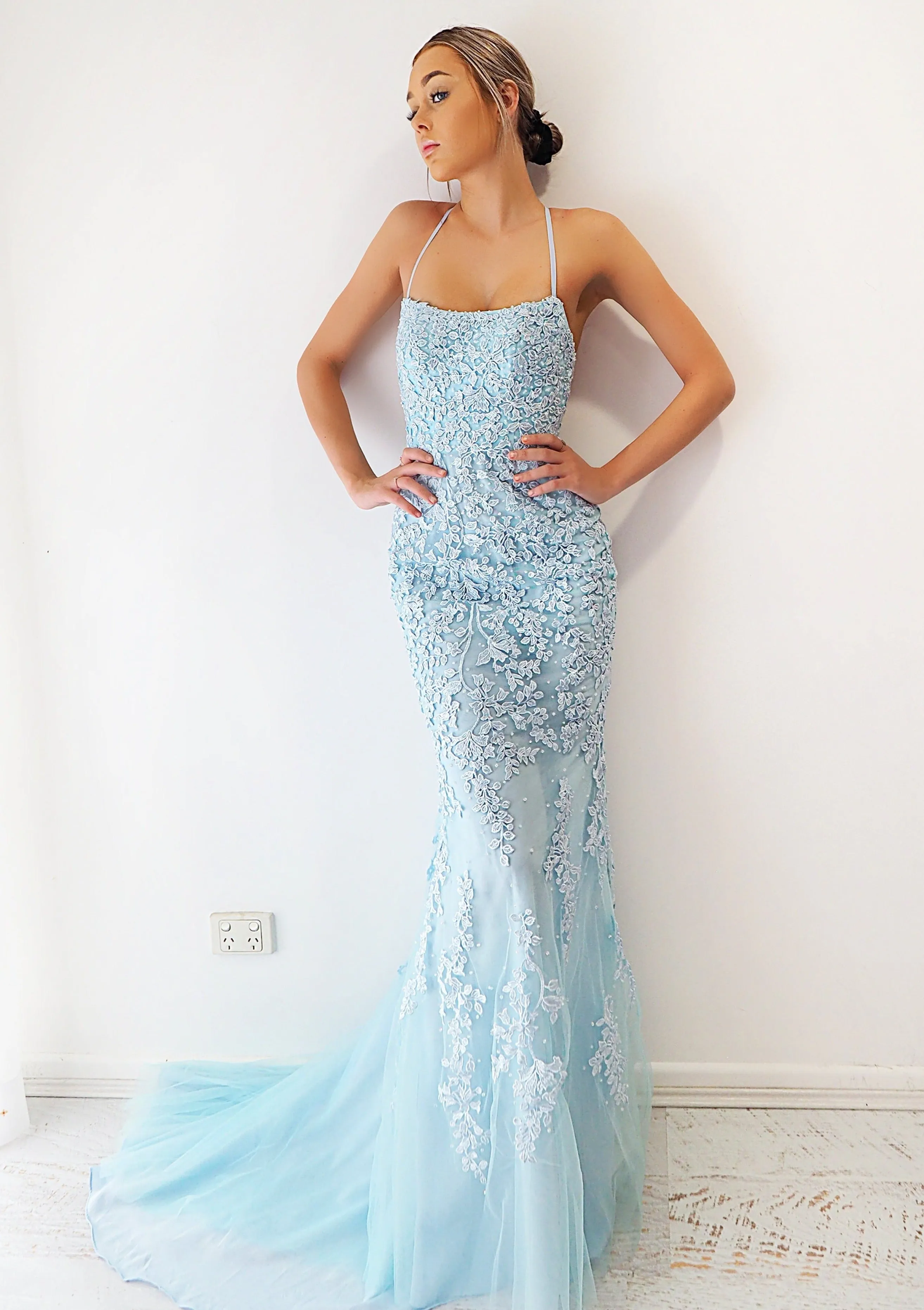 Baby blue tulle mermaid dress with criss-cross back for hire