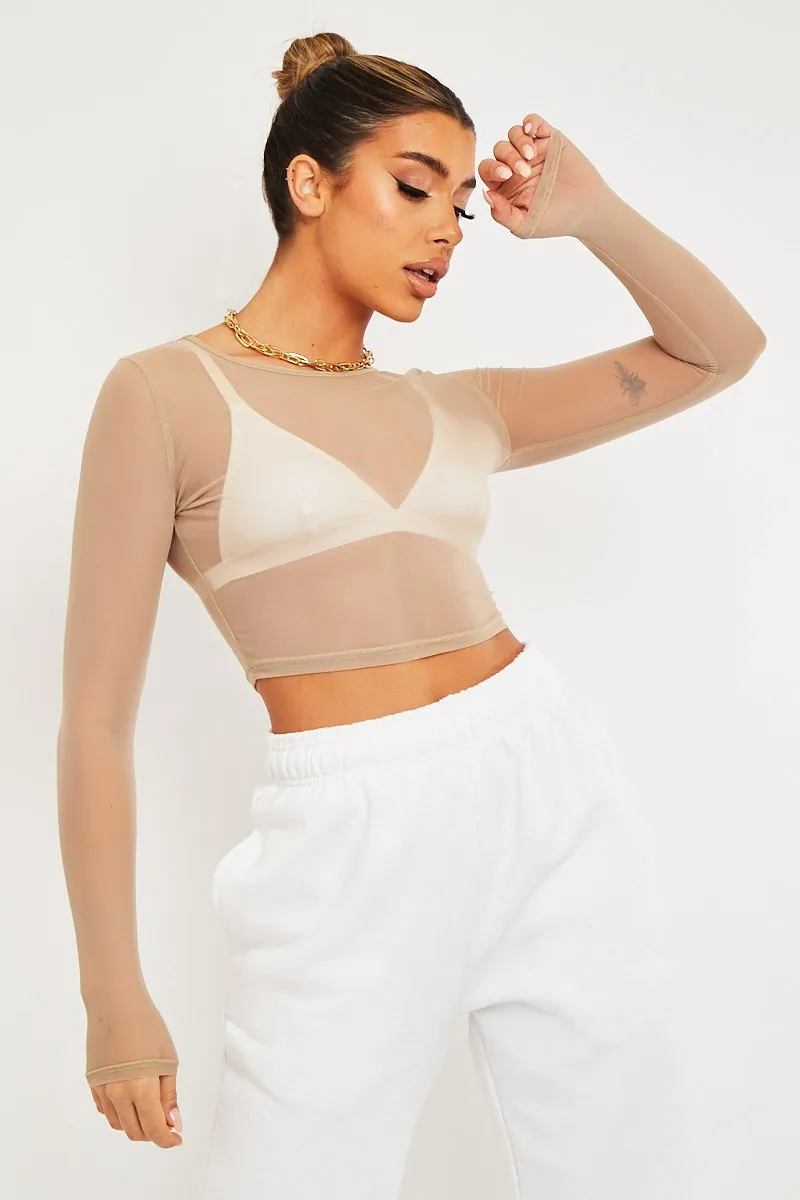 Beige Mesh Long Sleeve Crop Top - Aaima