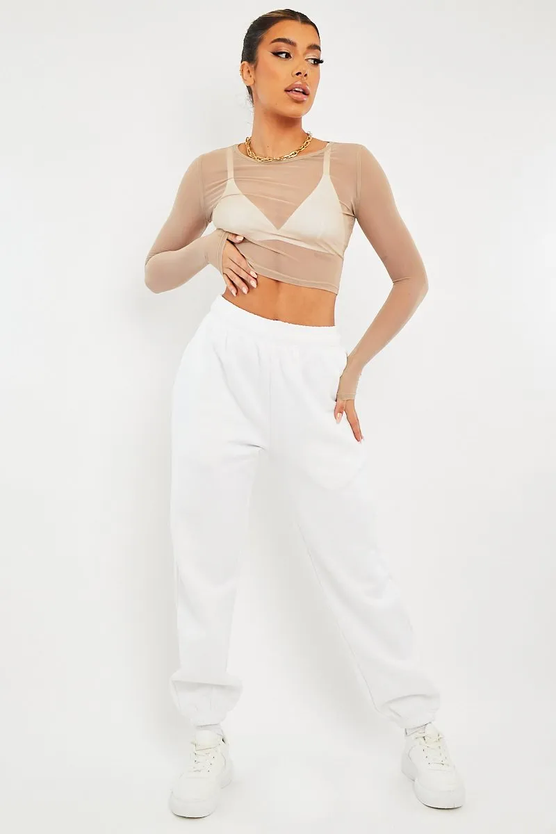 Beige Mesh Long Sleeve Crop Top - Aaima