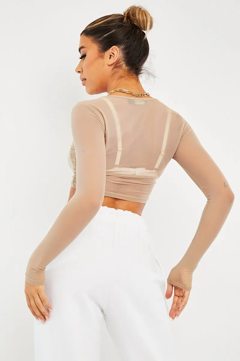 Beige Mesh Long Sleeve Crop Top - Aaima