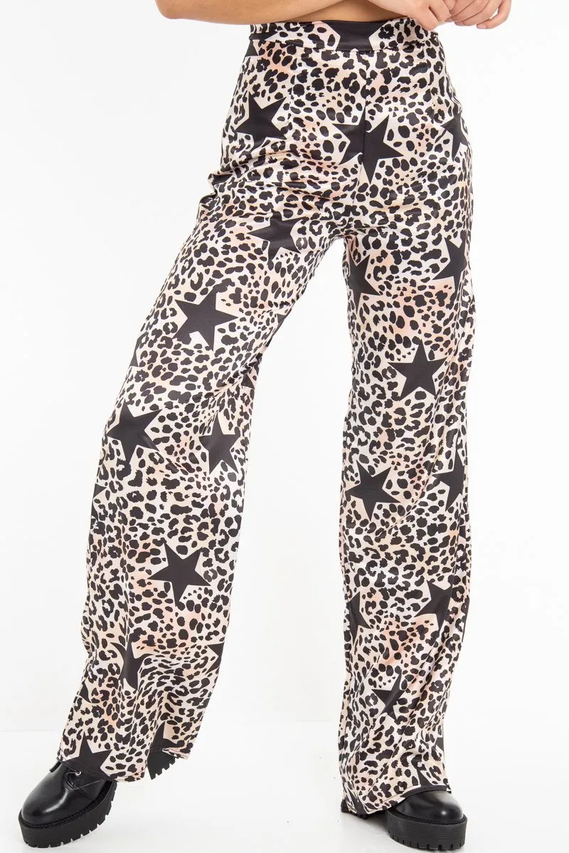 Beige Satin Leopard Print Star Detail Wide Leg Trousers - Pippa