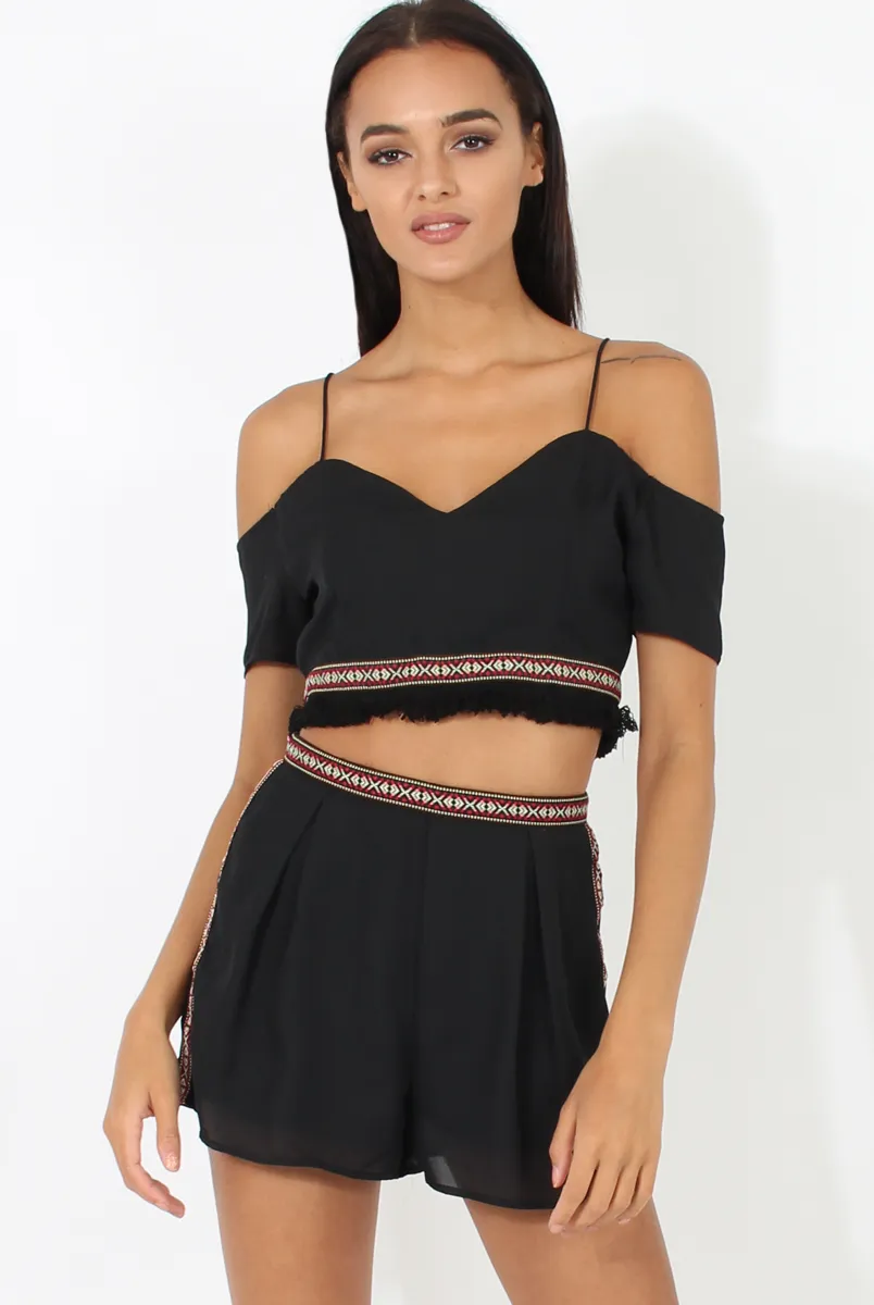 Black Aztec Trim Cold Shoulder Co-ord - Kinsey