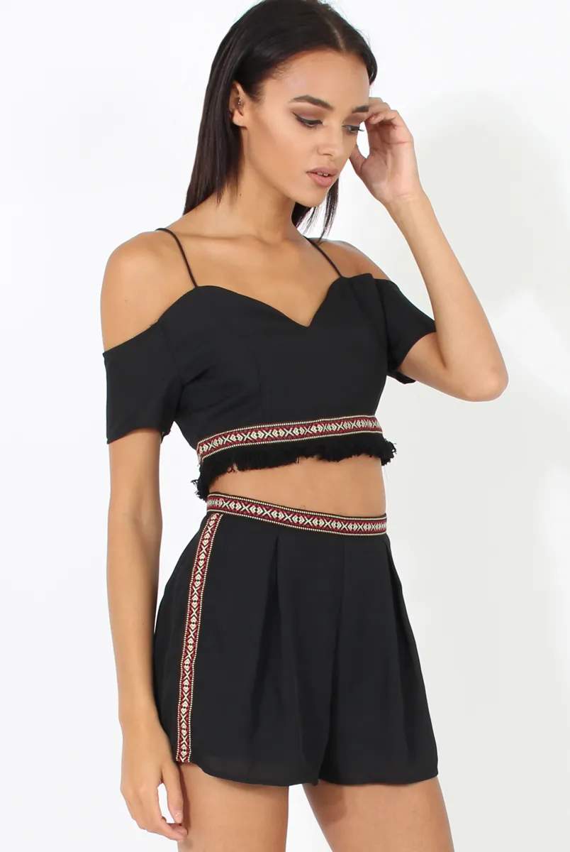 Black Aztec Trim Cold Shoulder Co-ord - Kinsey