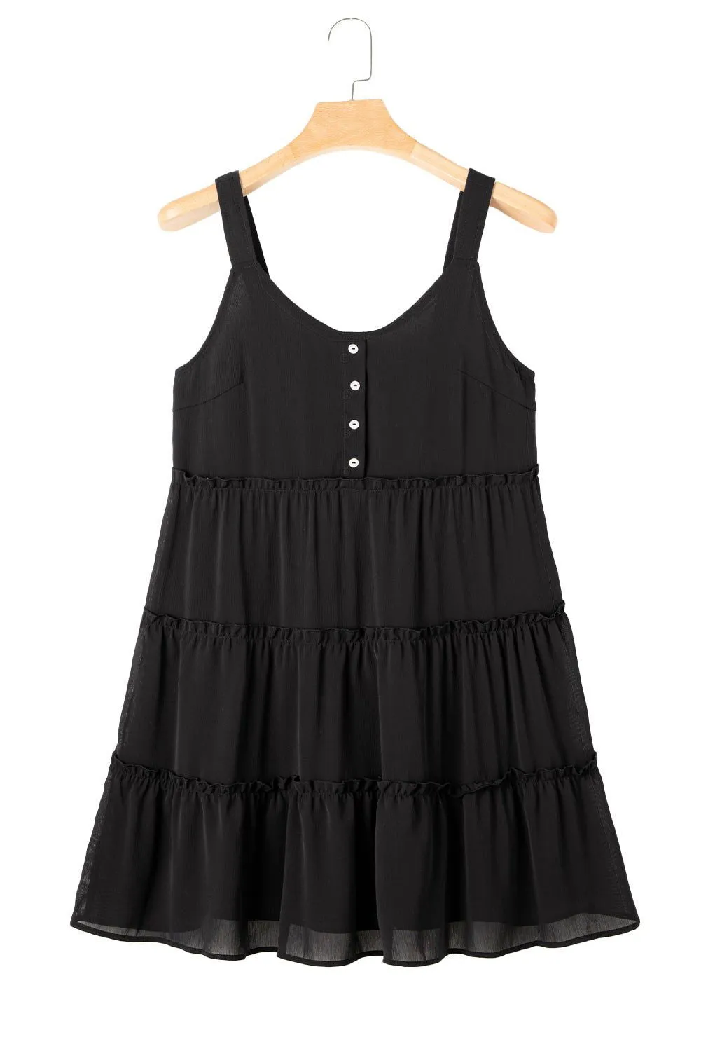 Black Button V Neck Frilly Tiered Sleeveless Dress - Elegant Chic