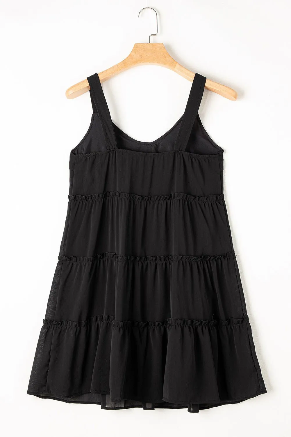 Black Button V Neck Frilly Tiered Sleeveless Dress - Elegant Chic