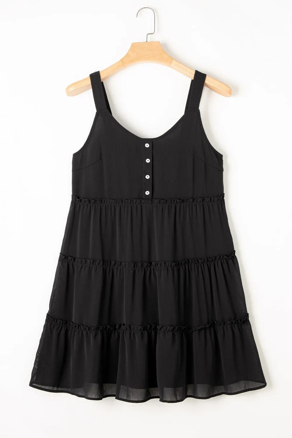 Black Button V Neck Frilly Tiered Sleeveless Dress - Elegant Chic