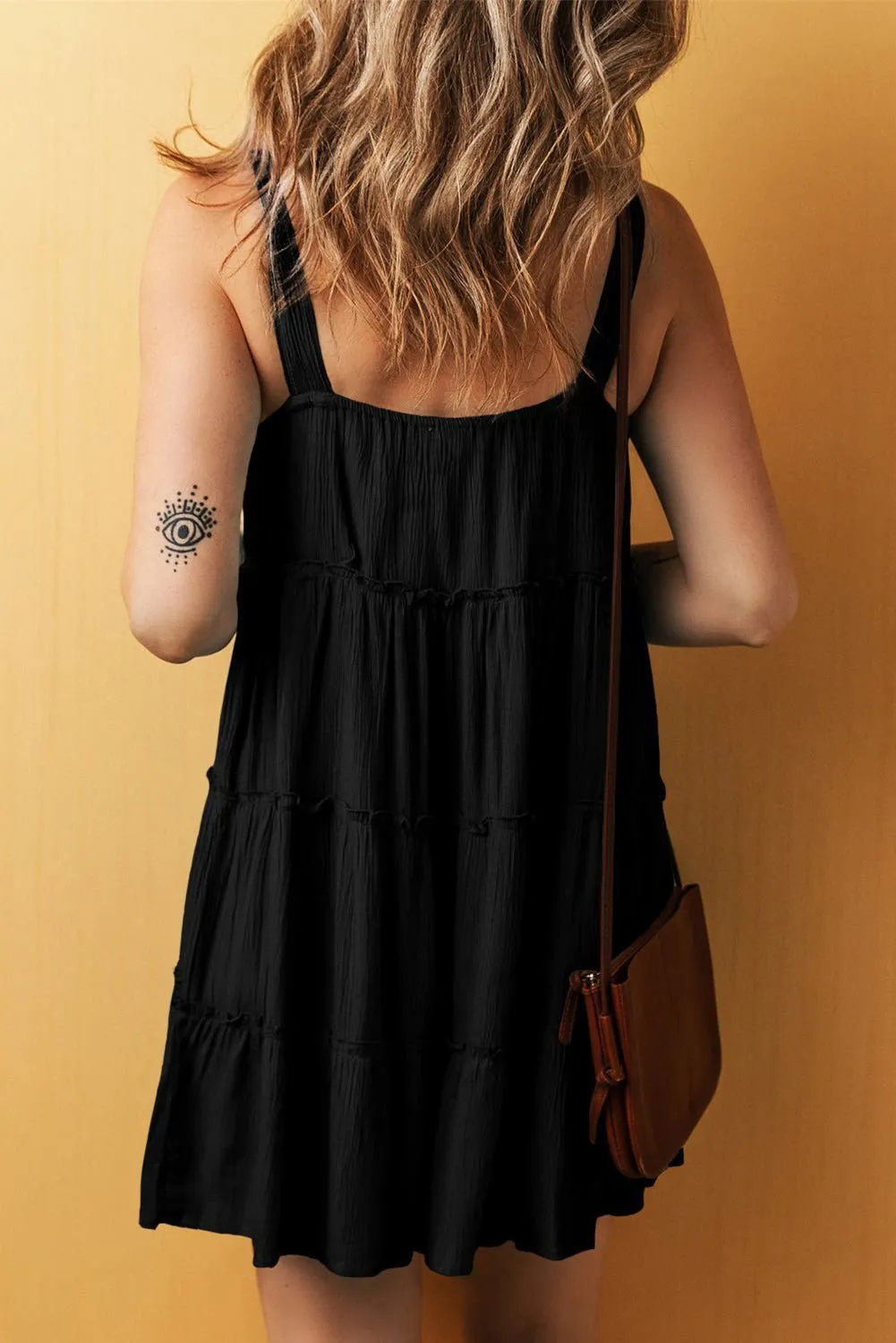 Black Button V Neck Frilly Tiered Sleeveless Dress - Elegant Chic