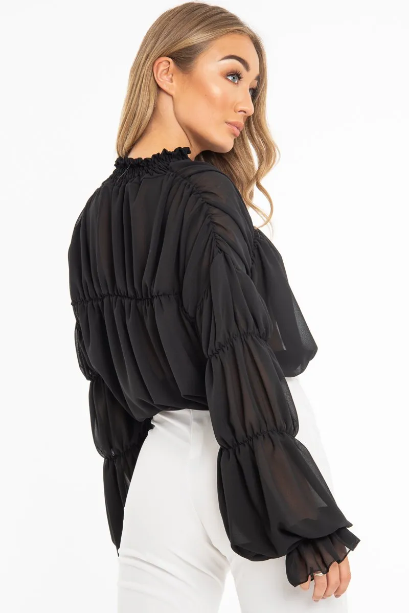 Black Chiffon Balloon Sleeve Crop Tie Front Blouse - Amelia