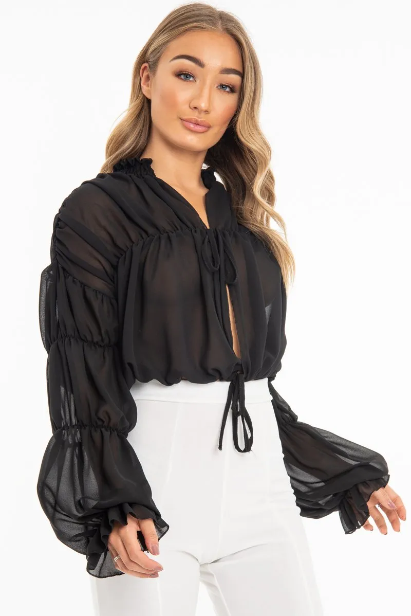 Black Chiffon Balloon Sleeve Crop Tie Front Blouse - Amelia