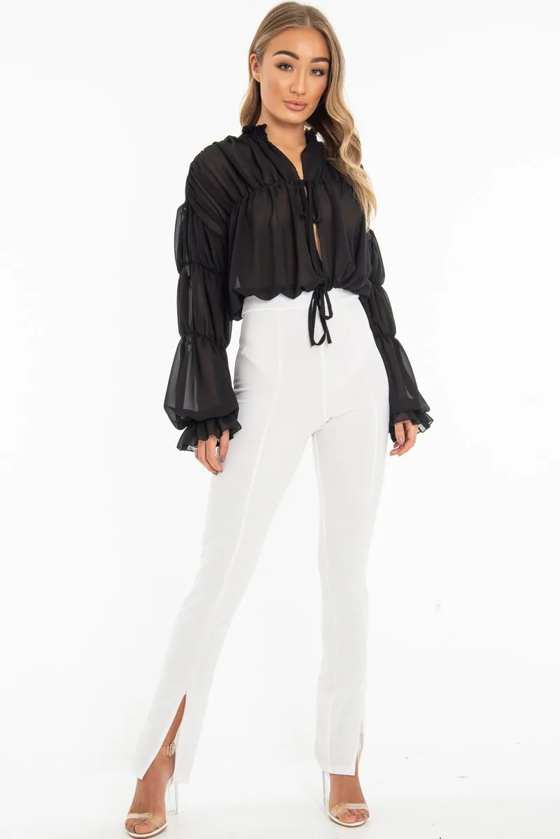 Black Chiffon Balloon Sleeve Crop Tie Front Blouse - Amelia