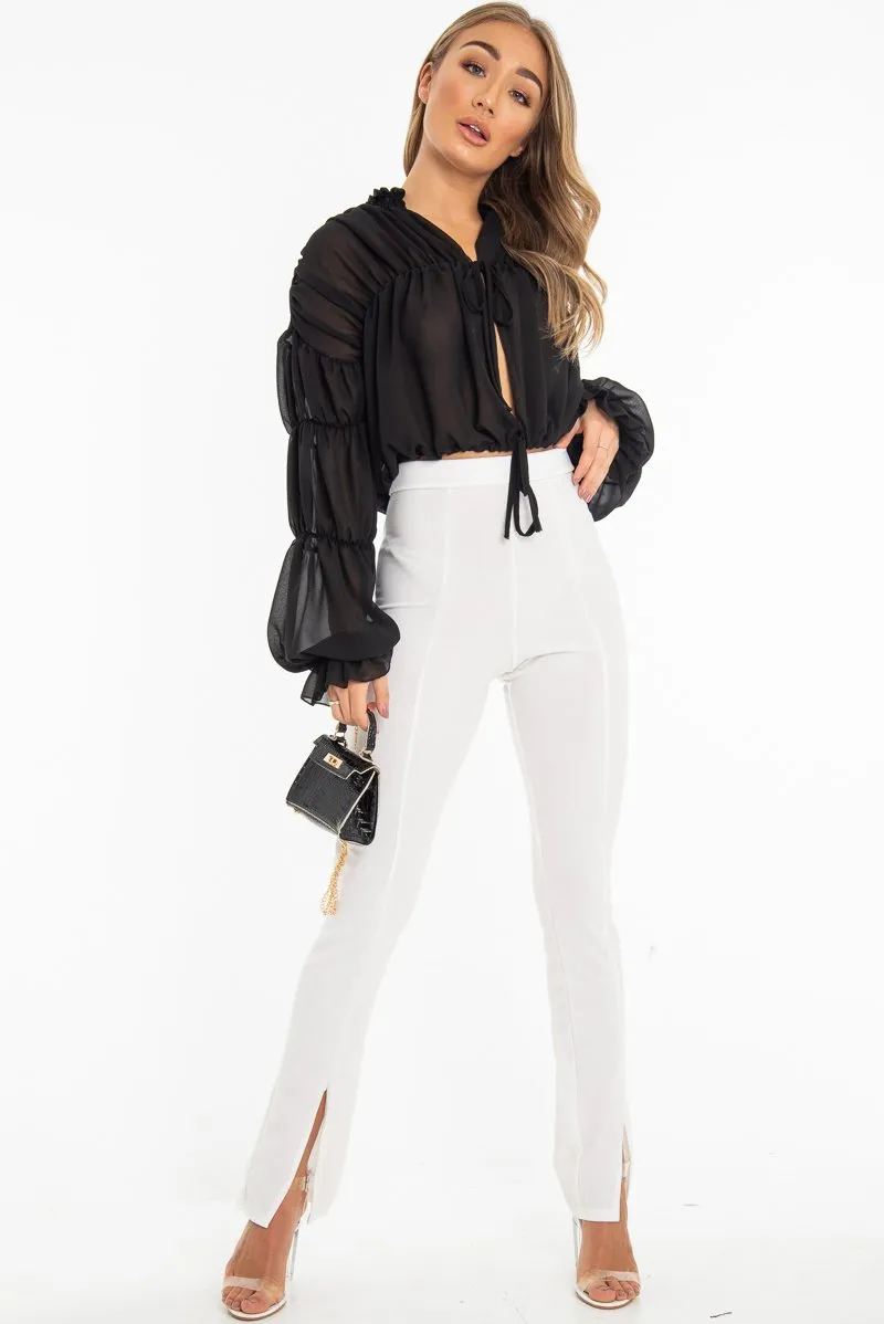 Black Chiffon Balloon Sleeve Crop Tie Front Blouse - Amelia