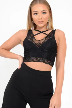 Black Lace Scallop Strappy Crop Top - Kensly