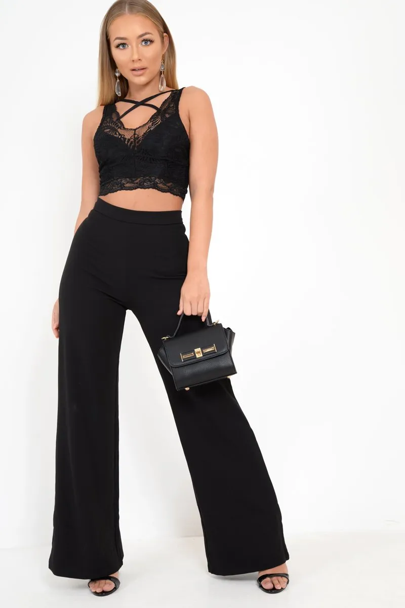 Black Lace Scallop Strappy Crop Top - Kensly