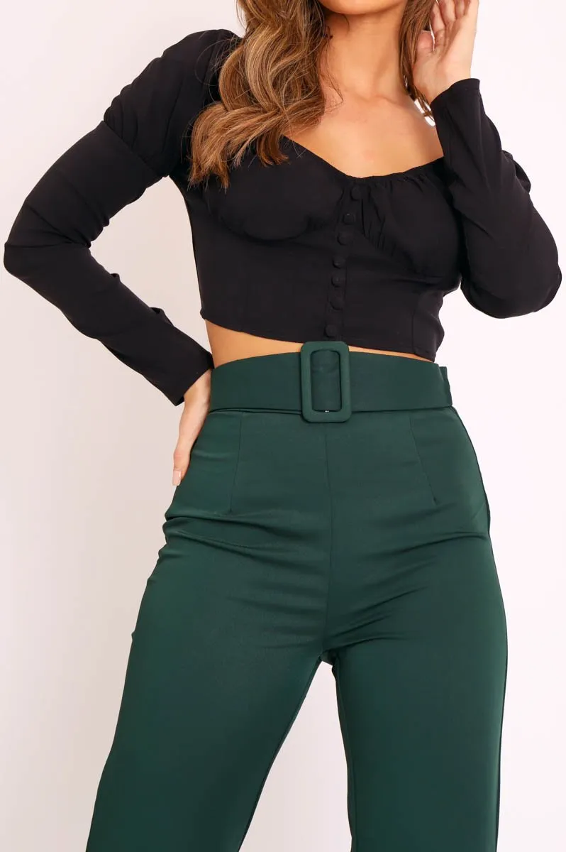 Black Long Sleeve Button Front Milkmaid Crop Top - Gillie