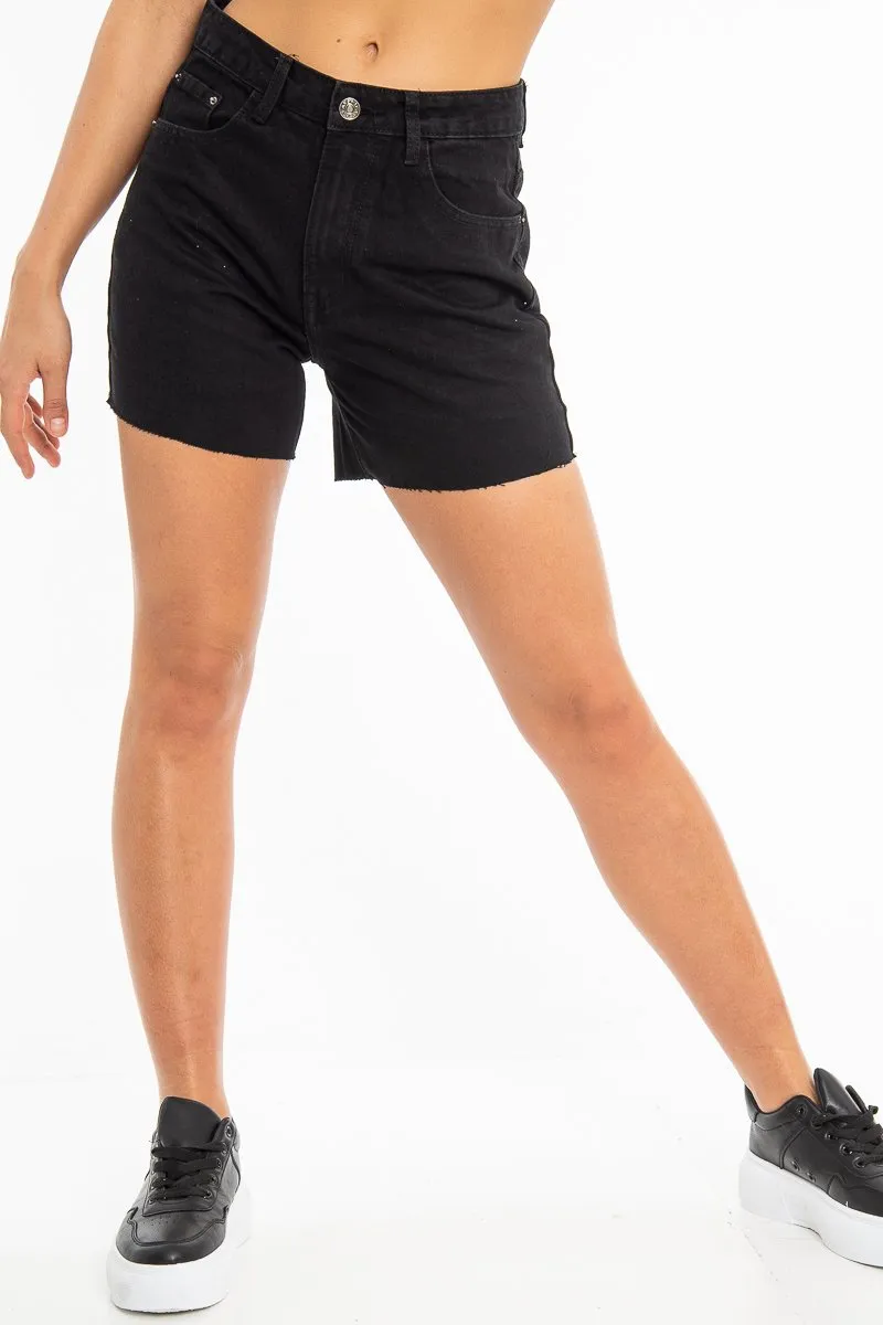 Black Raw Hem High Waist Denim Shorts - Atlanta